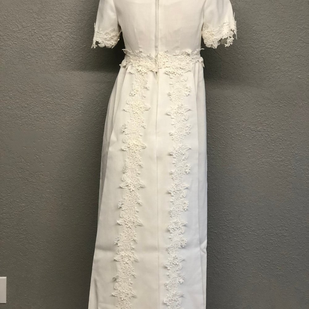 Vintage 60s Linen Blend Tailored Wedding Dress, Heavy Floral Embroidery Trim - Picture 5 of 7